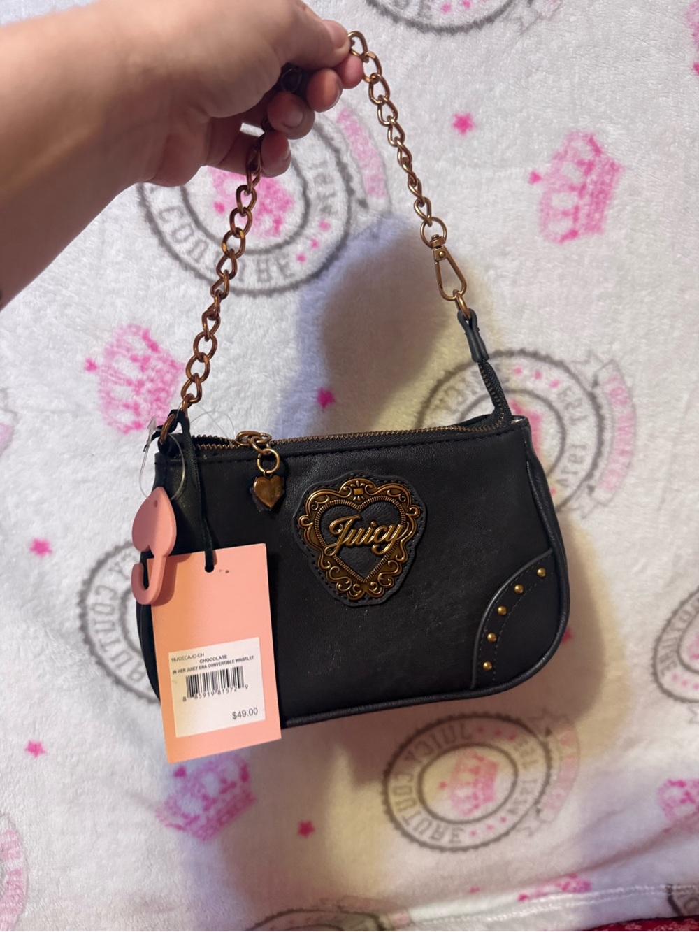 Juicy Couture Black Mini Heart Emblem Chain Wristlet